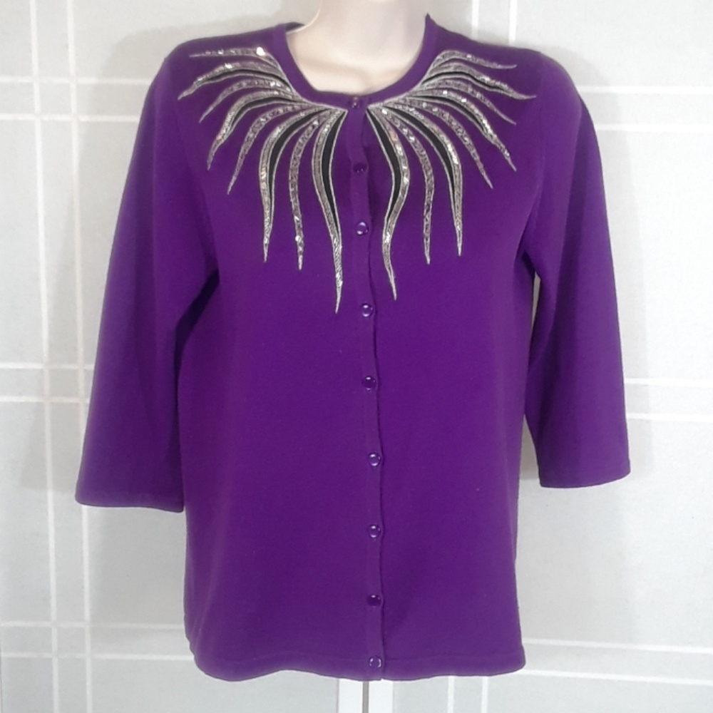 Bob Mackie purple cardigan, silver bling XS